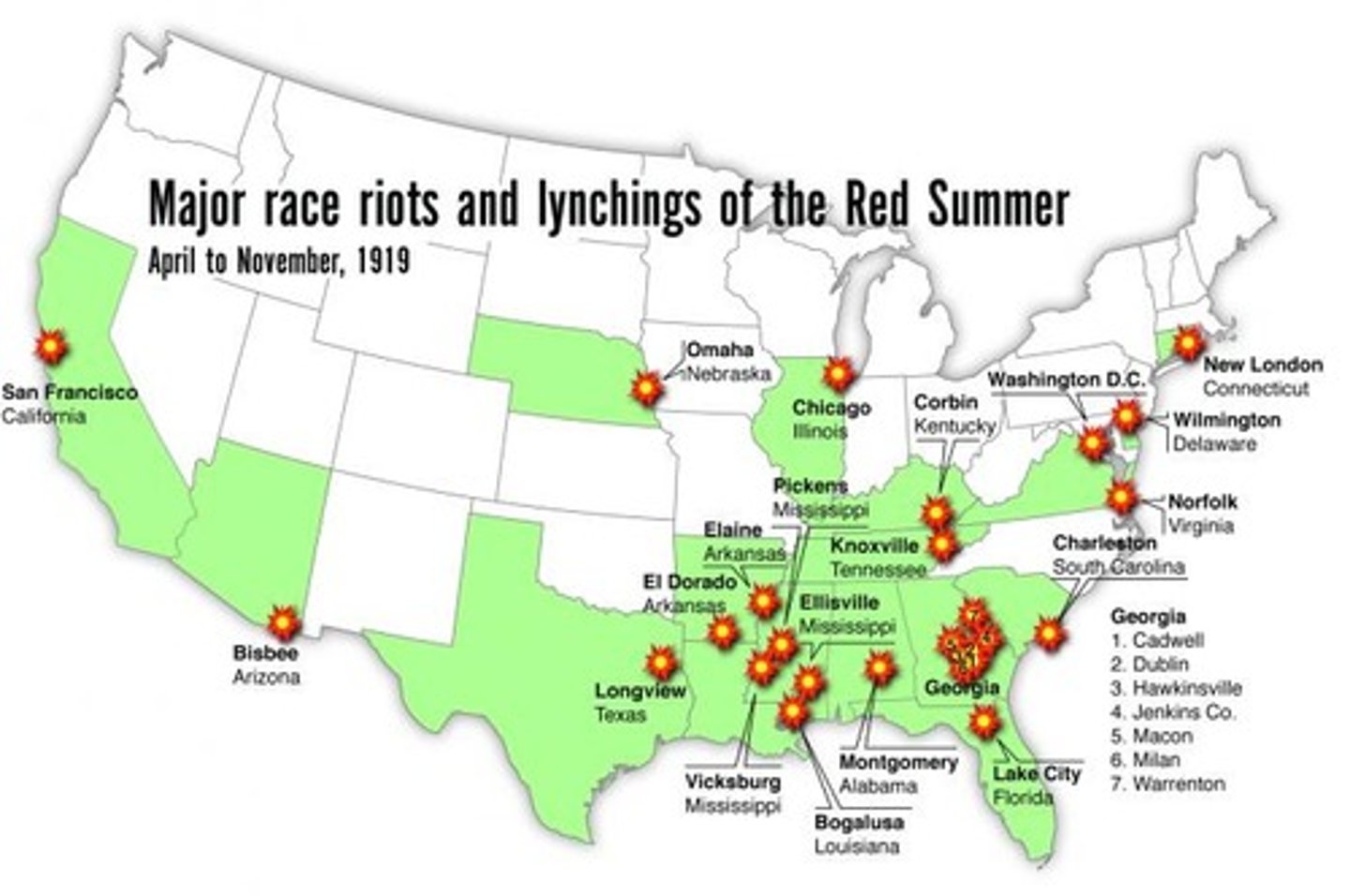 <p>Racial tension in the post USA war resulted in violence broke down in at least 25 cities, including Chicago and Washington, D.C.</p>