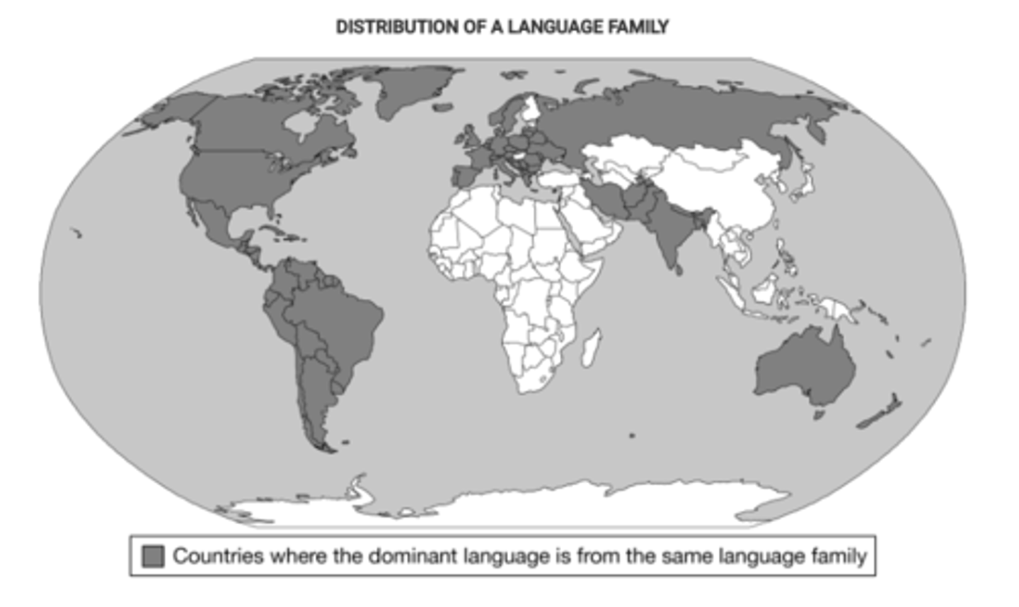 <p>The map shows the distribution of the Indo-European language family, which diffused from its hearth in the Caucasus Mountains and spread throughout Eurasia through contagious diffusion and into the Americas, Africa, and Australia through colonialism and relocation diffusion.</p><p>Why? The map shows the wide distribution of Indo-European languages across several continents. The Indo-European languages spread through trade and contagious diffusion and later through exploration, colonialism, and relocation diffusion.</p>