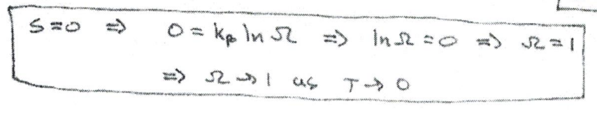 <p>In a homogeneous system in complete internal equilibrium, the entropy approaches zero as the absolute temperature approaches zero</p><p>S→0, T→0. S=0 → 0=k<sub>b</sub>ln<span style="font-family: Google Sans, Roboto, Arial, sans-serif">Ω→lnΩ=0→Ω=1→T=0</span></p>