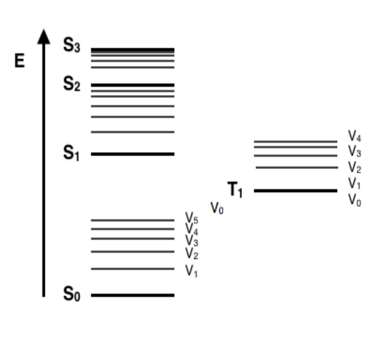 <ul><li><p><span>a diagram that shows the <strong>electronic</strong> <strong>states</strong> of a molecule <strong>and</strong> the various <strong>radiative</strong> (light-emitting) and <strong>non-radiative</strong> (heat-releasing) <strong>transitions</strong> between them</span></p></li><li><p><span>shows <strong>how</strong> a <strong>molecule</strong> <strong>returns</strong> <strong>to</strong> its <strong>ground</strong> <strong>state</strong> <strong>after</strong> <strong>absorbing</strong> electromagnetic radiation (<strong>light</strong>)</span></p></li><li><p><span>only <strong>two</strong> <strong>electrons</strong> can occupy <strong>each</strong> <strong>orbital</strong></span></p></li><li><p><span><strong>singlet</strong> <strong>ground</strong> state (S</span><sub>0</sub><span>): most stable, <strong>lowest-energy</strong> electronic state of a molecule where all <strong>electrons</strong> are <strong>paired</strong></span></p></li><li><p><span><strong>singlet</strong> <strong>excited</strong> state (S</span><sub>1…</sub><span>): <strong>promoted</strong> <strong>electron</strong> has the <strong>same</strong> <strong>spin</strong> <strong>orientation</strong> <strong>as</strong> it had <strong>in</strong> the <strong>ground</strong> state (paired)</span></p></li><li><p><span><strong>triplet</strong> <strong>excited</strong> state (T</span><sub>1…</sub><span>): <strong>promoted</strong> <strong>electron</strong> has the <strong>same</strong> <strong>spin</strong> <strong>orientation</strong> (parallel) <strong>as</strong> the <strong>other</strong> unpaired <strong>electron</strong></span></p></li></ul><p></p>