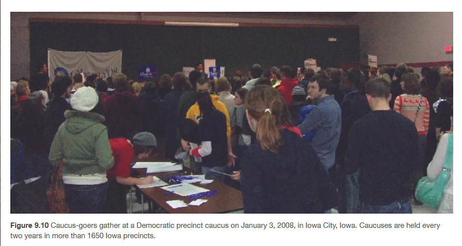 <p><span><span>Building unity can be very important as the party transitions from sometimes-contentious nomination battles to the all-important general election.</span></span></p><p></p><p><span><span>The state organization uses several key tools to get its members working together towards a common goal. </span></span></p><p></p><p><span><span>First, it helps the party’s candidates prepare for state primary elections or caucuses that allow voters to choose a nominee to run for public office at either the state or national level. </span></span></p><p></p><p><span><span>Caucuses are a form of town hall meeting at which voters in a precinct get together to voice their preferences, rather than voting individually throughout the day (</span></span>Figure 9.10<span><span>).</span></span></p>