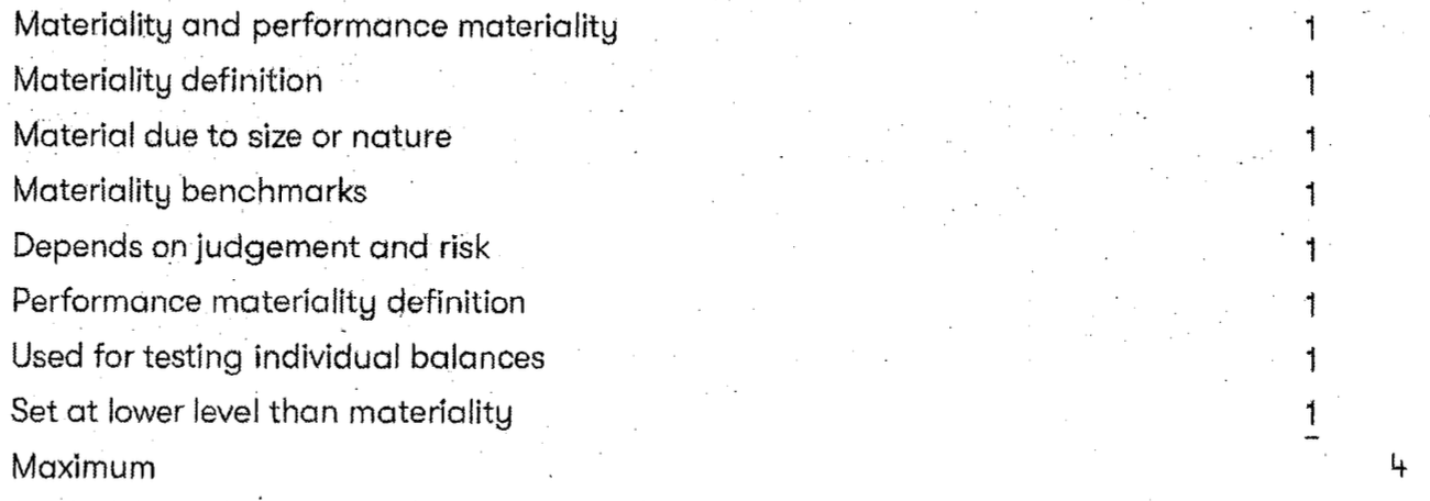 <p><span>Materiality and performance materiality are dealt with under ISA 320 Materiality in <em>Planning </em>and Performing on Audit.<u> Auditors need to establish the materiality level for the financial statements as a whole~ as well as assess performance </u></span><u>materiality</u><span><u> levels, which are lower than the overall materiality for the financial statements as a whole.</u></span></p><p><strong>Materiality</strong> is defined in ISA 320 as follows: '<u>Misstatements, including omissions, are considered to be material if they, individually or in the aggregate, could reasonably be expected to influence the economic decisions of users taken on the basis of the financial statements.</u>'</p><p>If the financial statements include a material misstatement, then they will not present fairly (give a true and fair view) the position, performance and cash flows of the entity.</p><p>A misstatement may be considered material due to its size (quantitative) and/or due to its nature (qualitative) or a combination of both. The quantitative nature of a misstatement refers to its relative size. A misstatement which is material due to its nature refers to an amount which might be low in value but due to its prominence and relevance could influence the user's decision, for example, directors' transactions.</p><p>As per ISA 320, <u>materiality is often calculated using benchmarks such as 5% of profit before tax or %1 of total revenue or total assets</u>. These values are useful as a starting point for assessing materiality; however, the assessment of what is material is ultimately a matter of the auditor's professional judgement. It is affected by the auditor's perception of the financial information, the needs of the users of the financial statements and the perceived level of risk; the higher the risk, the lower the level of overall materiality.</p><p>In assessing materiality, the auditor must consider that a number of errors each with a low value may, when aggregated, amount to a material misstatement.</p><p><strong>Performance materiality</strong></p><p>Performance materiality is defined in SIA 320 as follows: 'The amount set by the auditor at less than materiality for the financial statements as a whole to reduce to an appropriately low level the probability that the aggregate of uncorrected and undetected misstatements exceeds materiality for the financial statements as a whole.'</p><p>Hence <u>performance materiality is set at a level lower than overall materiality for the financial statements as a whole. It is used for testing individual transactions, account balances and disclosures. The aim of performance materiality is to reduce the risk that the total of all of the errors in balances, transactions and disclosures exceeds overall materiality.</u></p>