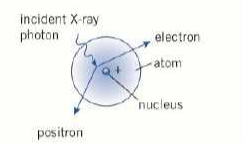 <ul><li><p>photon energy&gt;1.02MeV</p></li><li><p>x-ray photon interacts with nucleus</p></li><li><p>photon disappears</p></li><li><p>electron and positron pair produced</p></li></ul><p></p>