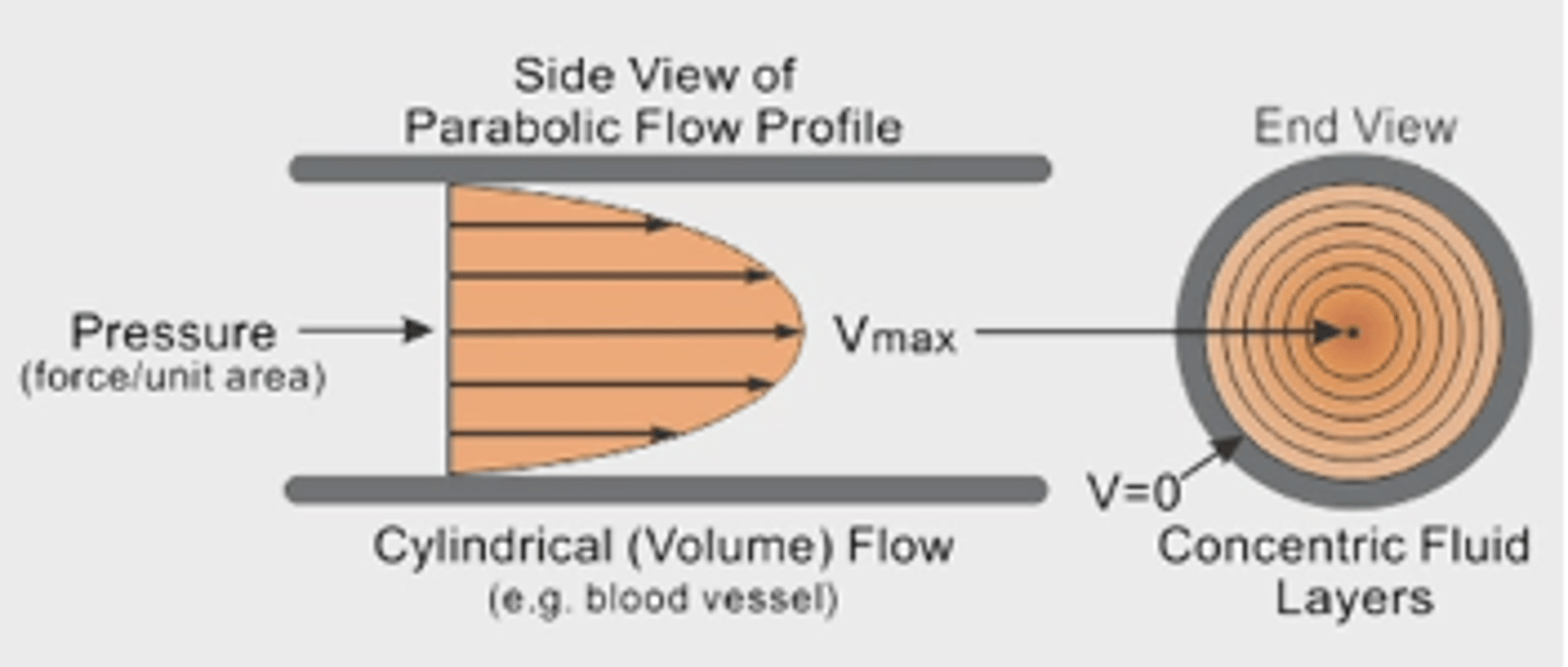 <p>= Verplaatsing van bloed per tijdseenheid in mL/s of L/min</p><p>F = ∆V/∆t = A x vgem</p>