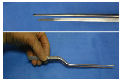 <p>Nickname: Bayonet pick ups </p><p>Use: Grasps medium tissue, neuro patty sponges, and gel foam squares</p><p>Features: Serrated handle, fine, tapered serrated tips, bayonet shape improves visualization</p>