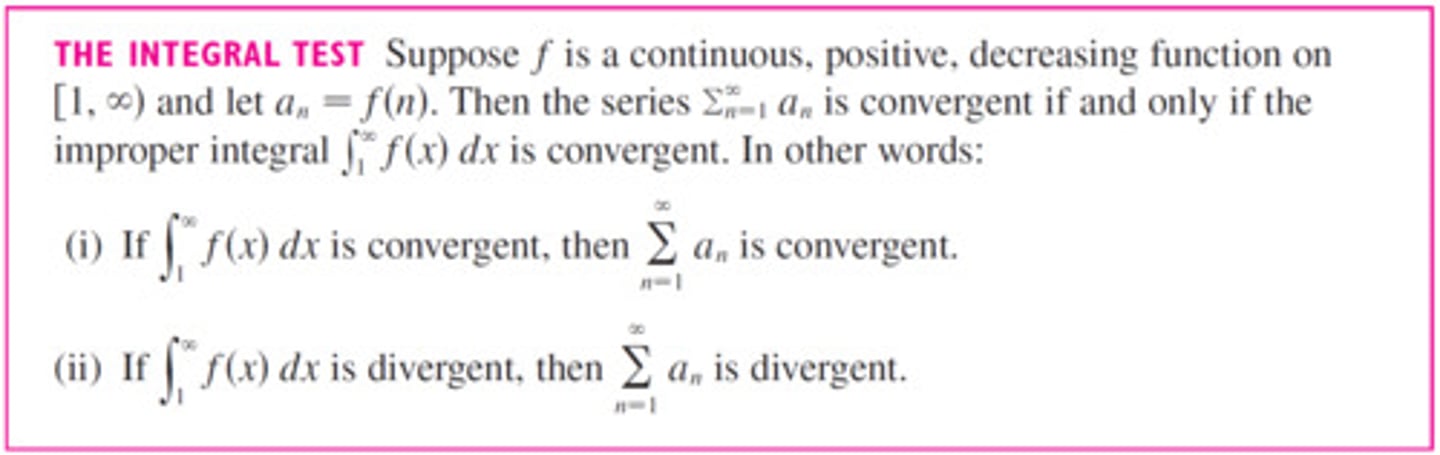 <p>aₙ is a positive and decreasing series.</p><p>then, ∑aₙ and ∫aₙ both converge or diverge</p><p>the integral and series both converge or both diverge. DOES NOT necessarily converge to the number you get.</p>