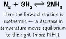 <ul><li><p>all reactions r exothermic &amp; endothermic in each direction</p></li><li><p>decrease temp = equilibrium moves in exothermic direction to produce heat → get more products for exothermic reaction &amp; fewer for endothermic reaction</p></li><li><p>raise temp = equilibrium moves in endothermic direction to try &amp; decrease it → get more products for endothermic reaction &amp; fewer products for exothermic reaction</p></li></ul>