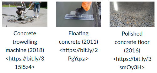 <ol><li><p><strong>Floating </strong>- done by hand or with a power float, but power floating leaves a better finish than hand-floating. Floating helps compact and level the surface and close minor cracks.</p></li><li><p><strong>Trowelling </strong>- another method of surface finishing and is how dense, hard, smooth and durable surfaces can be achieved. The surface should be trowelled twice and can be done either by hand or with a power trowel. All the <strong>edges </strong>of a concrete slab should be finished with a special edging tool to achieve a stronger edge, which is less prone to chipping.</p></li><li><p><strong>Joints - </strong>should be planned before placing and are usually formed into the concrete during finishing (you'll be covering joints in detail later in this module).&nbsp;The achievement of a skid-resistant surface can be done by drawing a <strong>broom </strong>across the surface of the concrete. The broom can be drawn in straight or 's' shape lines.</p></li><li><p><strong>Polished concrete</strong> - by using liquid polishes, latex coatings, chemical sealers or grinding, to expose the aggregates. Care should be taken to avoid surface cracks in polished concrete applications.</p></li><li><p><strong>Exposing the aggregate</strong> - another architectural finish. Typically, normal class concrete is used. After placement, the coarse aggregate will be exposed from the firm (not fully hardened) surface by forceful brushing or washing away the cement paste until the aggregates are exposed.&nbsp;</p></li></ol><p></p>