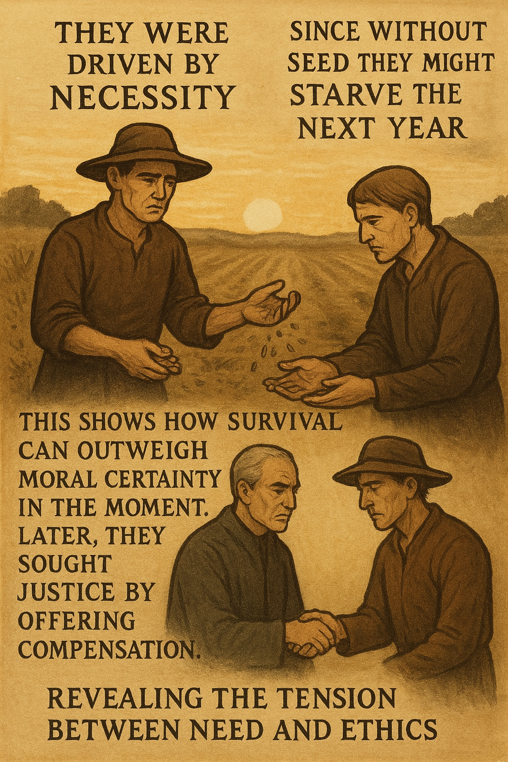 <p>They were driven by NECESSITY, since without SEED they might STARVE the next year. This shows how SURVIVAL can outweigh MORAL certainty in the moment. Later, they sought JUSTICE by offering COMPENSATION, revealing the tension between NEED and ETHICS.</p>