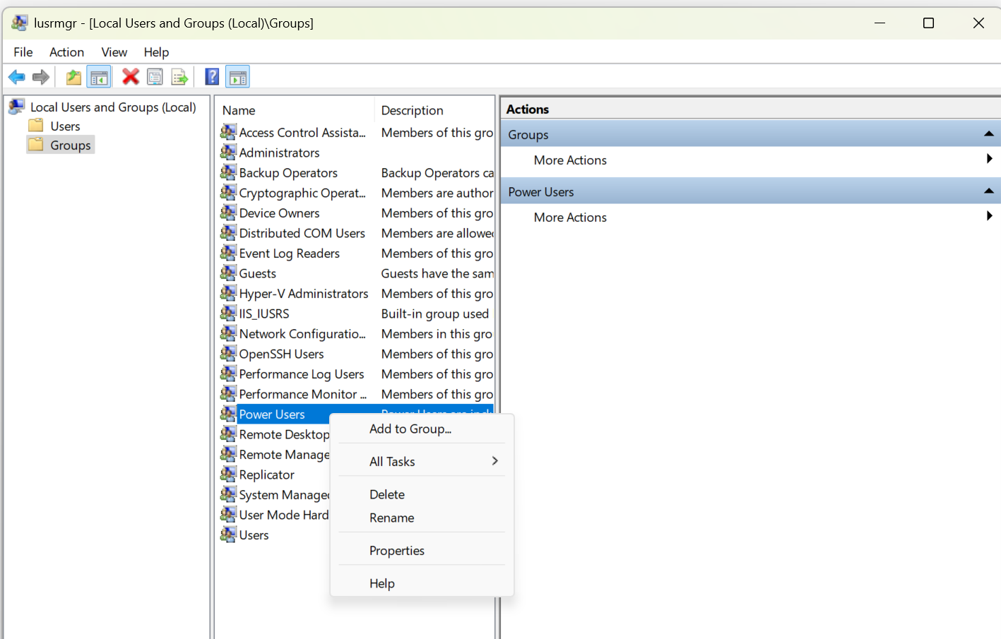 <p>Use Local Users and Groups (lusrmgr.msc) &gt; Add to group &gt; Power Users.</p>