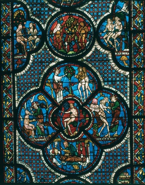 <p>Good Samaritan Window in Cathedral of Notre-Dame, Chartres<br>France c. 1200-1210; Resembles a flower; references Christ and his good works; Gothic art</p>