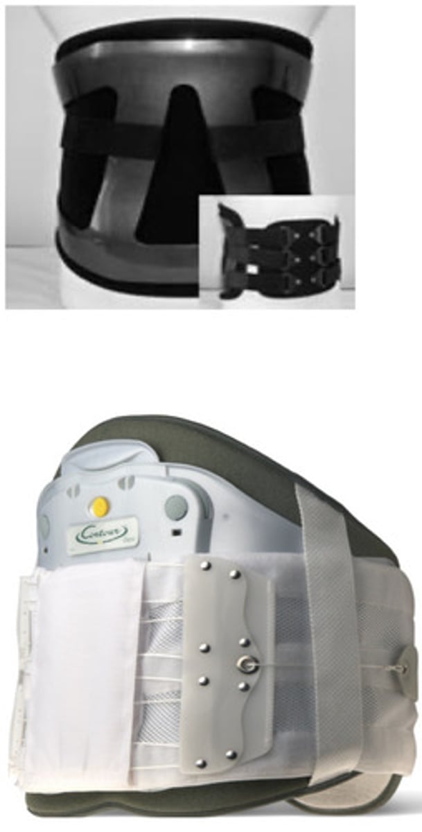 <p>circumferential spinal orthosis</p><p>T9-sacrococcygeal junction</p><p>semi-rigid panels for support</p><p>biomechanical capacity</p><p>reduces vertical load (hydrostatic compression)</p><p>reduces motion in lumbar spine (panels)</p>