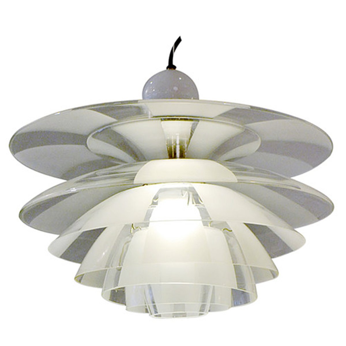 <p>designed for a church to be affordable and decorative<br>Concentric shades<br>Ribbed frame<br>Aluminum: enamled for shades and chrome-plated for structure and suspension rod</p>