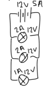 * Voltage is the __same__ everywhere
* Current of individual components adds up to the total current