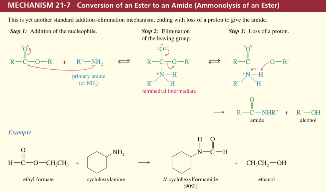 <p>* Nuc needs to be NH3 // 1 amine</p><p>* Req. prolonged heat → normally just hydrolyze ester so need to make acid chloride add amine</p>