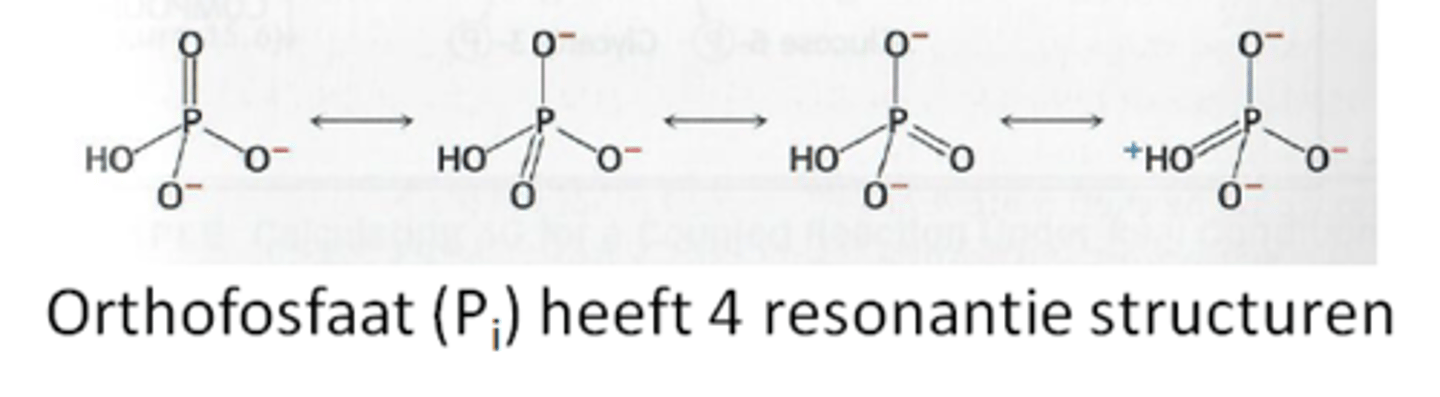 <p>Orthofosfaat (meestal wordt gewoon fosfaat (PO₄³⁻) gezegd idk) =Pi heeft 4 resonantie structuren</p>
