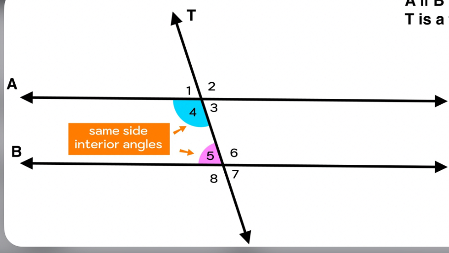 <p>2 angles that are inside the parallel lines that are on the same side of the transversal</p><p>supplementary</p>