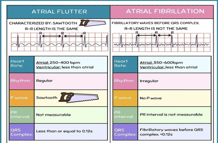 <p><strong>A-Flutter:</strong></p><ul><li><p class=""><strong>Unstable patients</strong>: Prepare for cardioversion.</p></li><li><p class=""><strong>Administer medication</strong>: Anticoagulant</p></li></ul><p class=""><strong>A-Fib:</strong></p><ul><li><p class=""><strong>Unstable patients</strong>: Prepare for cardioversion.</p></li><li><p class="">O2 therapy</p></li><li><p class=""><strong>Anticoagulants</strong>: To prevent emboli.</p></li><li><p class="">Administer cardiac medications (beta-blockers, calcium channel blockers, digoxin)</p></li></ul><p></p>