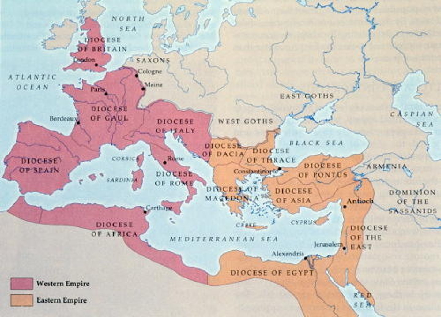 <p>Roman empire split into 2 parts by Diocletian</p>