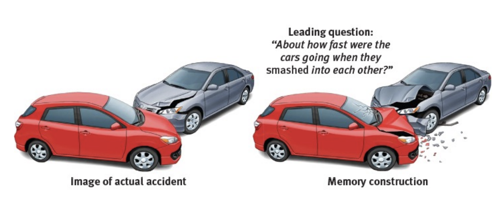 <ul><li><p>Remember how we discussed that misleading information can result in people misremembering events in a manner that is consistent with the associated schema.</p></li><li><p>Cars “smashed into each other” vs “had an accident”, can lead to misremembering of the event </p></li></ul><p></p>