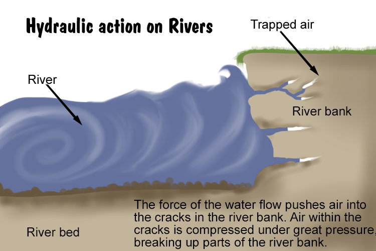 waterkracht. kan snel losse materialen (alluviale materialen), zoals klei en zand eroderen. erosie sloopt de banken van de rivier. 