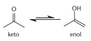 <p>interconverting from the keto to the enol tautomer</p><p>equilibrium: ketone &lt; &lt; &lt; enol</p>