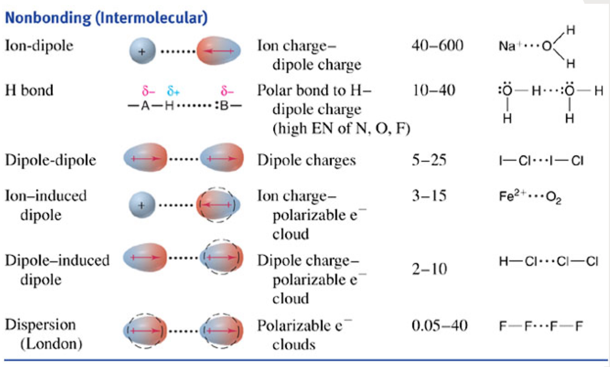 <ul><li><p>ion–dipole </p><ul><li><p>attraction between an ion (positive or negative) and the partial charge of a polar molecule</p></li><li><p>strength: very strong (second only to covalent/ionic bonds)</p></li></ul></li><li><p>H-bond</p><ul><li><p>strong type of dipole–dipole interaction where H is covalently bonded to a very EN atom (N, O, or F) and interacts with another EN atom nearby</p></li><li><p>strength: stronger than regular dipole–dipole, weaker than ion–dipole</p></li></ul></li></ul><ul><li><p> dipole–dipole </p><ul><li><p>attraction between the positive end of one polar molecule and the negative end of another polar molecule</p></li><li><p>strength: moderate</p></li></ul><p> 4. ion–induced dipole </p><ul><li><p>an ion distorts the electron cloud of a nearby nonpolar molecule <span data-name="arrow_right" data-type="emoji">➡</span> temporary dipole that it then attracts</p></li><li><p>strength: Weaker than ion–dipole, depends on how easily the nonpolar molecule can be polarized</p></li></ul><p> 5. dipole–induced dipole </p><ul><li><p>polar molecule distorts the electron cloud of a nonpolar molecule <span data-name="arrow_right" data-type="emoji">➡</span> temporary dipole</p></li><li><p>strength: Weaker than dipole–dipole</p></li></ul><p> 6. dispersion forces (London Forces, van der Waals) </p><ul><li><p>attraction caused by temporary fluctuations in electron distribution that create instantaneous dipoles, which then induce dipoles in neighbouring molecules</p></li></ul></li></ul><p></p>