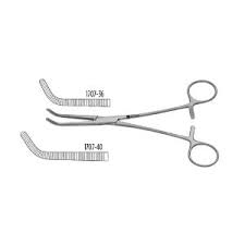 clamps the bowels or can be used in thoracic surgery and is used in obscure area (has longitudinal serrations)