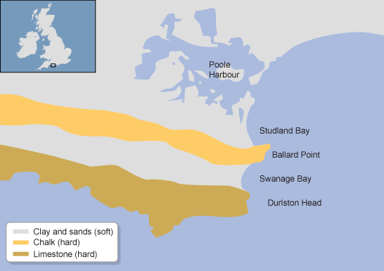 <p>Form of discordant coastlines</p><p><strong>Headlands:</strong> made of more resistant rock, erodes slower so juts out into the sea</p><p><strong>Bays:</strong> made of less resistant rock, erodes faster so caves inwards.</p>