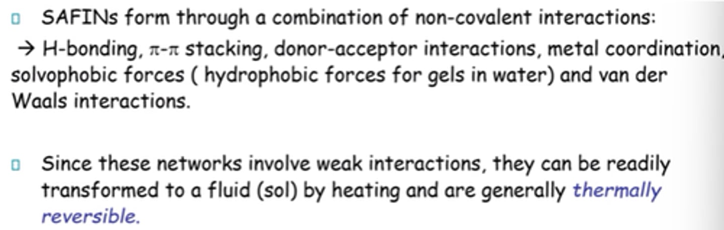 <p>- Through self-aggregation of small gelator molecules.</p><p>- Non-covalent interactions and VdWs.</p>