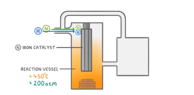 450\*C

200 atmospheres

gasses pass over an iron catalyst