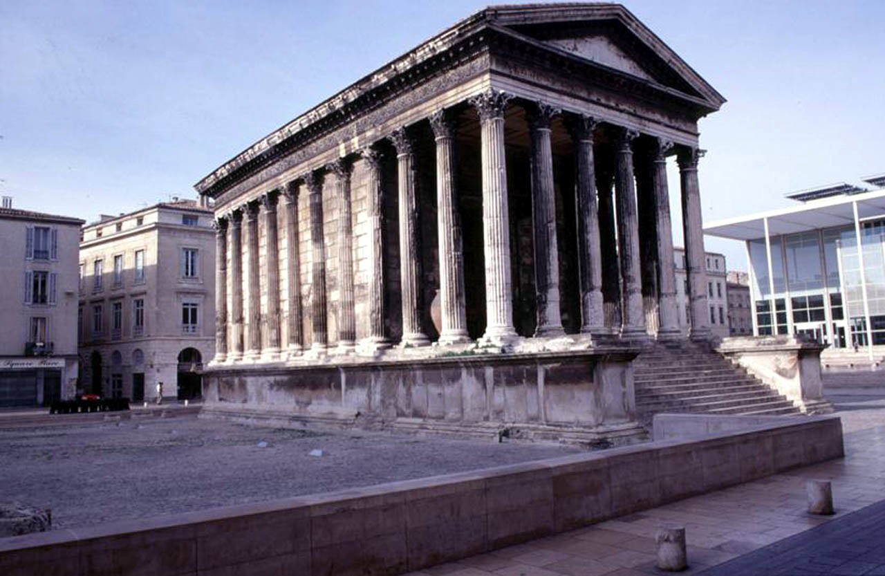 \- Masion Carree

\- 19 BCE

\- Nimes

\- Corinthian order temple with pseudo-peripteral columns and large stereobate/podium that leads to a prostyle pronaos and singular nave

\- Example of the standard Roman order for building a temple

\- Augustan architecture