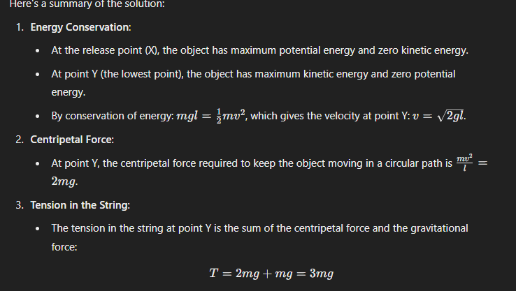 <p>B Must find V in terms of g and l and then form equation of tenstion: T -mg = mv²/r and sub v into to find t = 3mg</p>