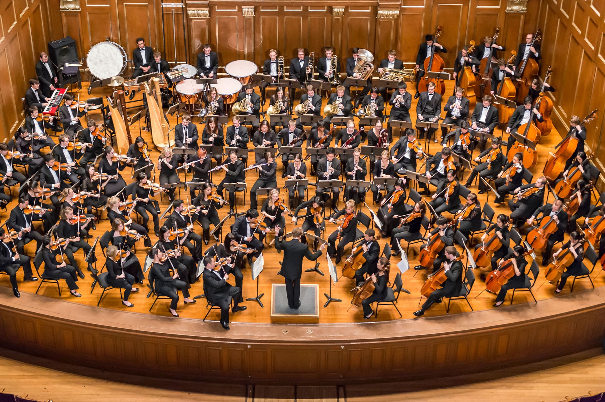 <p>A large instrumental ensemble that contains sections of string, brass, woodwind, and percussion instruments.</p>