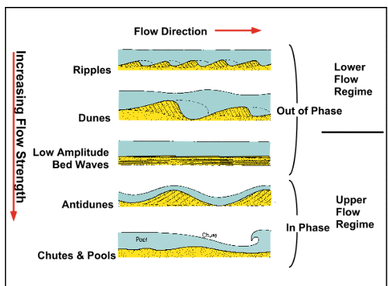 <ul><li><p>fluid moves sediment as bedforms</p><ul><li><p>e.g., ripples and dunes</p></li></ul></li><li><p>flume work and study of modern flows (e.g., rivers) shows that bedforms scale to the flow properties (e.g., velocity, water depth) and sediment type</p></li><li><p>the understanding of the physics of sediment transport can used to to interpret ancient processes (water depth, velocities of flow)</p></li></ul>