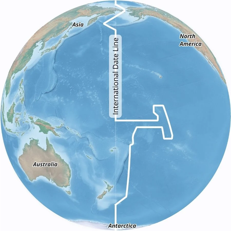 <p>a boundary from which each calendar day starts (opposite the prime meridian)</p>