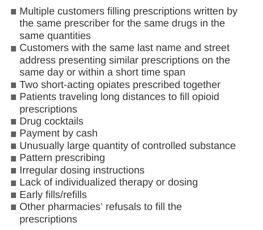 <ul><li><p>large quantities or # of refills</p></li><li><p>antagonistic drugs</p></li><li><p>pts. frequently returning</p></li><li><p>presenting rx orders for other ppl</p></li><li><p>strangers</p></li></ul><p></p>