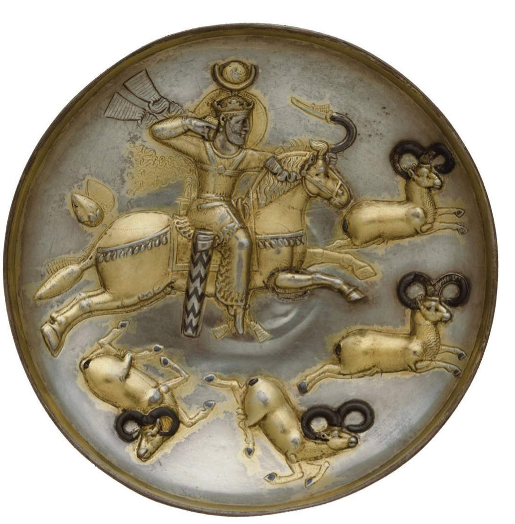 <p>Mesopotamian 5th 6th century ce. Silver, mercury gilding, niello inlay,</p>