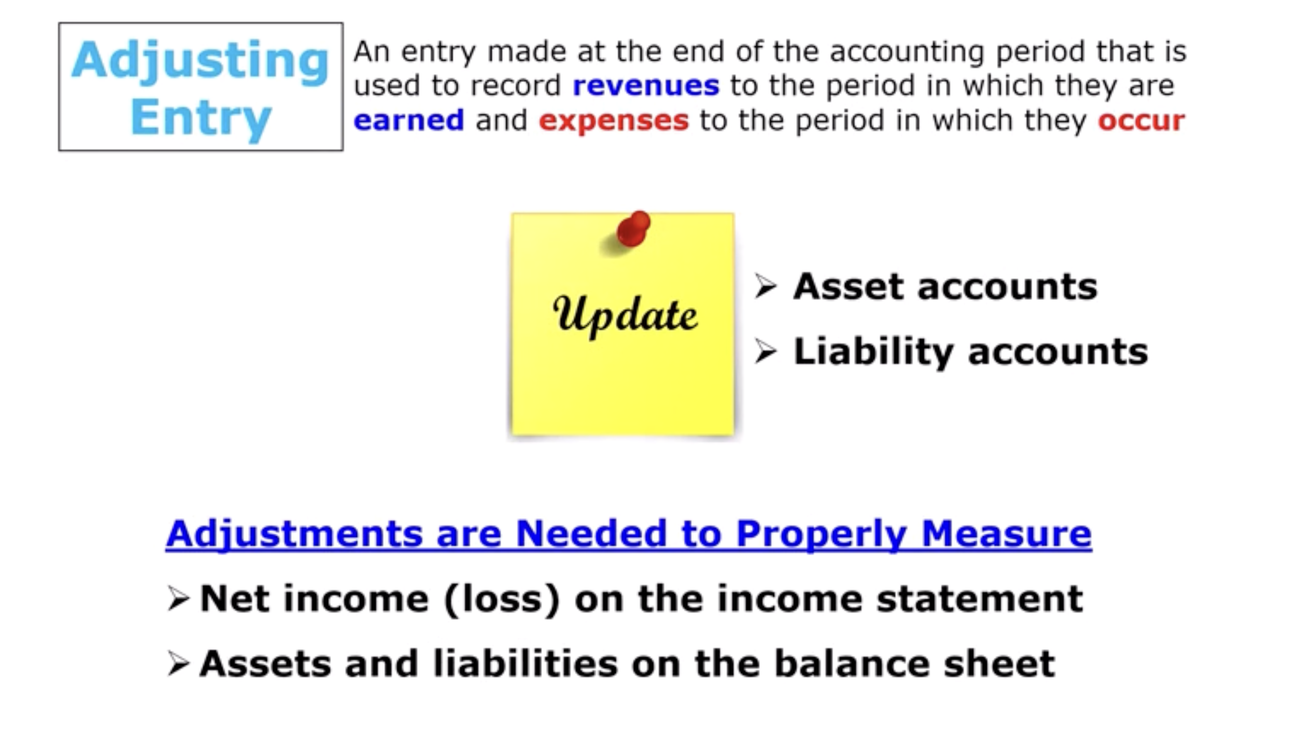 <p>Made at the ed of the accounting period that is used to record <strong>revenues</strong> to the period which they are <strong>earned</strong> and <strong>expenses</strong> to the period in which they <strong>occur.</strong></p><ul><li><p>Need to update Assets &amp; Liability accounts in order to make sure we record revenues and expenses in the proper time period</p></li><li><p>Adjustments are needed to properly measure 2 thing: Net Income (loss) on the income statement. Assets &amp; Liabilities on the balance sheet</p></li></ul><p></p>