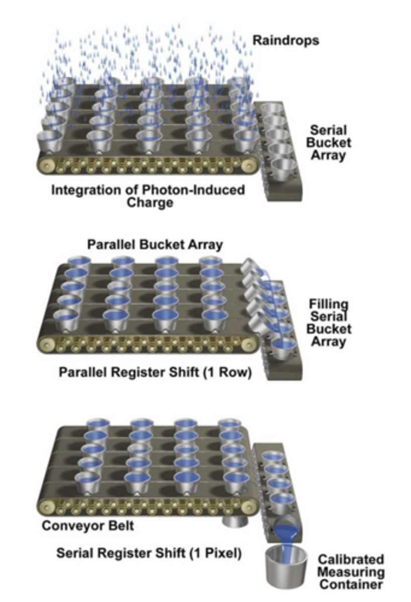 <p>pixels that are arranged in parallel registers and inputted serially</p><p>The sensor is exposed to light for a specific amount of time (exposure time, a camera setting)</p><p>Pixels are shifted off the parallel register onto the serial register</p><p>Pixels are 'read' one at a time (the output amplifier boosts the signal and assigns an analog voltage before assigning a digital value)</p>