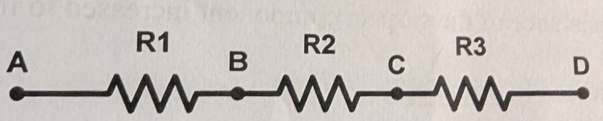 <p>Write the KVL equation using conventional current flow for the circuit below given V<sub>A</sub> = +10V and V<sub>D</sub> = -20V.</p>