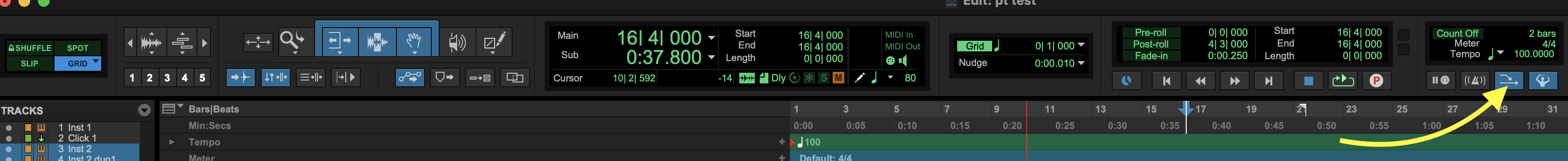 <p>Make sure you have MIDI Controls showing at the top of the Edit window. Click on the third icon to enable MIDI Merge.</p>