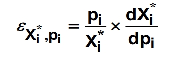 <p>The image denotes the price and commodity that consumer i is choosing multiplied by the derivative of the quantity demanded over the derivative of the price. This formula enables us to calculate an elasticity of own-price demand when we know the demand curve.</p>