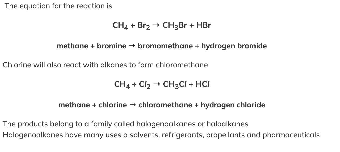 <p><span>Alkanes undergo a substitution reaction with halogens in the presence of ultraviolet radiation</span></p>