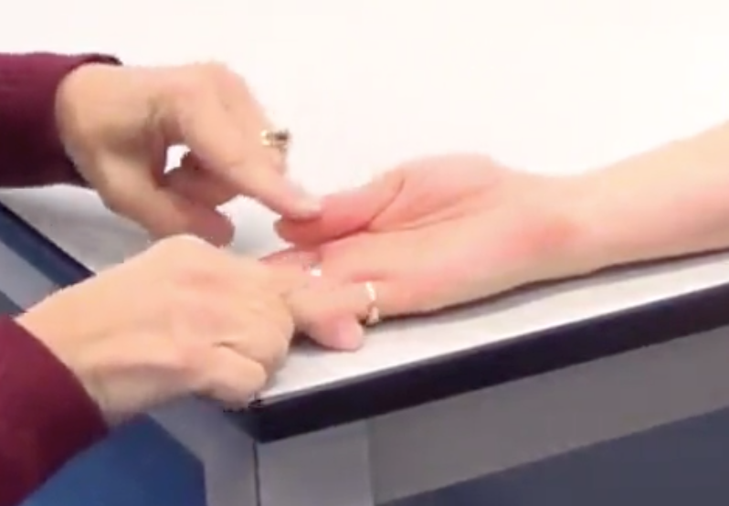  -Supinate the forearm,  thumb in line with index finger
-Stabilize the metacarpals of the non-test fingers