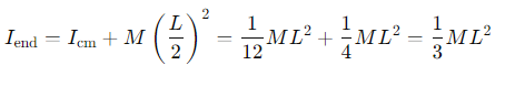 <p>The moment of inertia through the centre of mass is I<sub>cm</sub>=1/12ML<sup>2</sup></p>