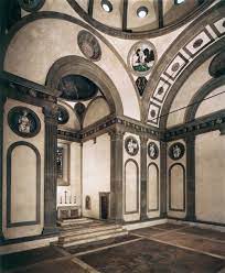 <ul><li><p>Designed by Filippo Brunelleschi</p></li><li><p>Chapter house: a meeting place for Franciscan monks; bench that wraps around the interior provides seating for meetings.</p></li><li><p>Rectangular chapel with an apse and an altar attached to the church of Santa Croce, Florence.</p></li></ul>