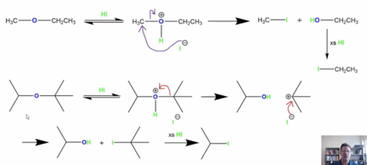 <p>-if any R groups are secondary or tertiary carbon groups, these will form stable carbocations and the reaction will go through Sn1 mechanism</p><p>-if there are R groups that are methyl or primary carbon groups, they will not form stable carbocations and the reaction will go through Sn2 mechanism</p>