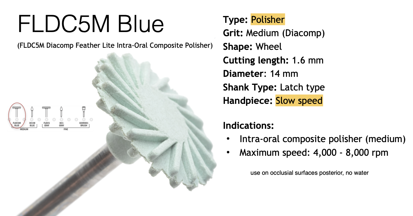 <p>– Diacomp wheel polisher, <strong>medium</strong> grit. Composite polishing, 4,000–8,000 rpm. slow speed</p>