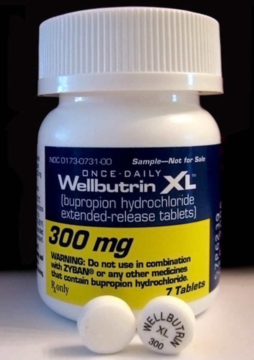<p>Brand: Wellbutrin, Zyban</p><p>Class: Norepinephrine-dopamine reuptake inhibitor</p>